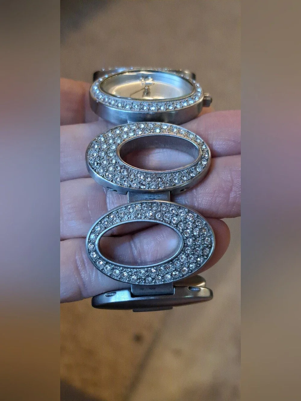 Beautiful Fossil Silver Oval Bracelet Watch Bling Crystals Stainless Steel